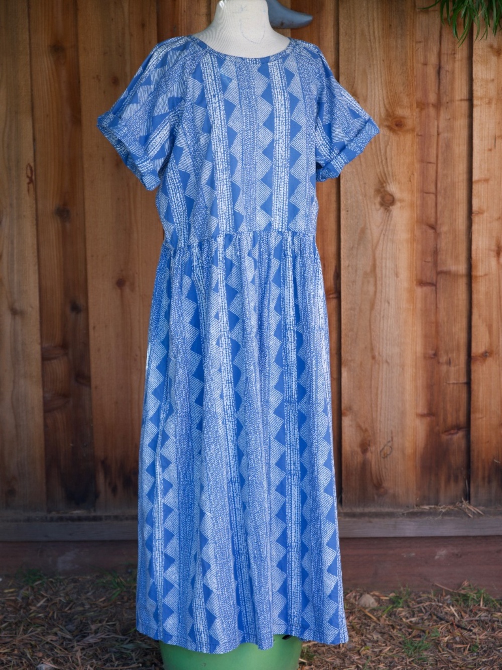 Vintage Noa Noa 100% Cotton Blue & White Hand Block Print Maxi Dress Woman's XL